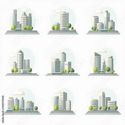 Set of vector icons of city elements: buildings, city park, bus stop, highway, sidewalk