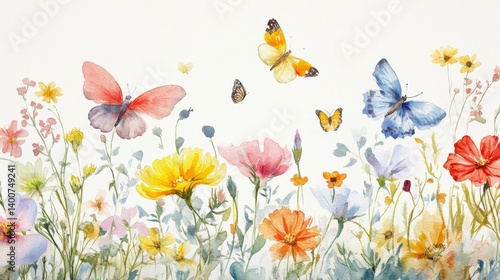 A spring watercolor illustration of blooming flowers and butterflies,
