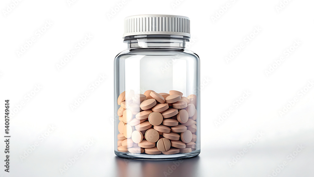A clear plastic bottle filled with light brown pills and a white cap on a white background created with generative ai A clear plastic bottle filled with light brown pills and a white cap on a white background created with generative ai