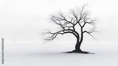 A stark silhouette of a leafless tree against a plain white background.