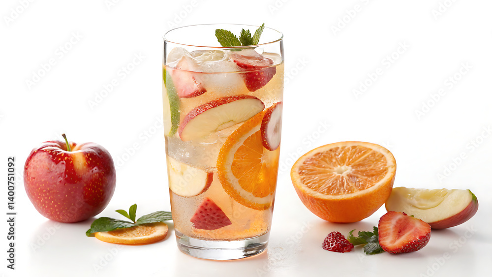 Fototapeta premium A refreshing fruit infused beverage with apples oranges and strawberries on a white background surface created with generative ai