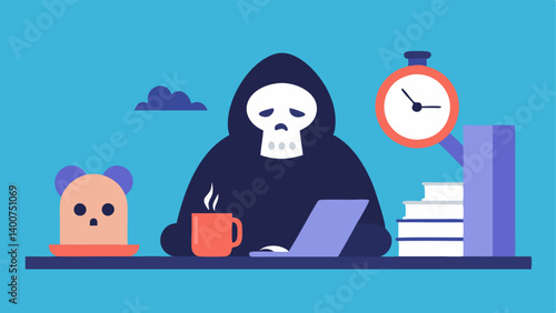 Messy Workspace In this illustration the Grim Reaper is seated at a cluttered desk piled with paper including a long scroll of names. His head rests in one hand and his expression