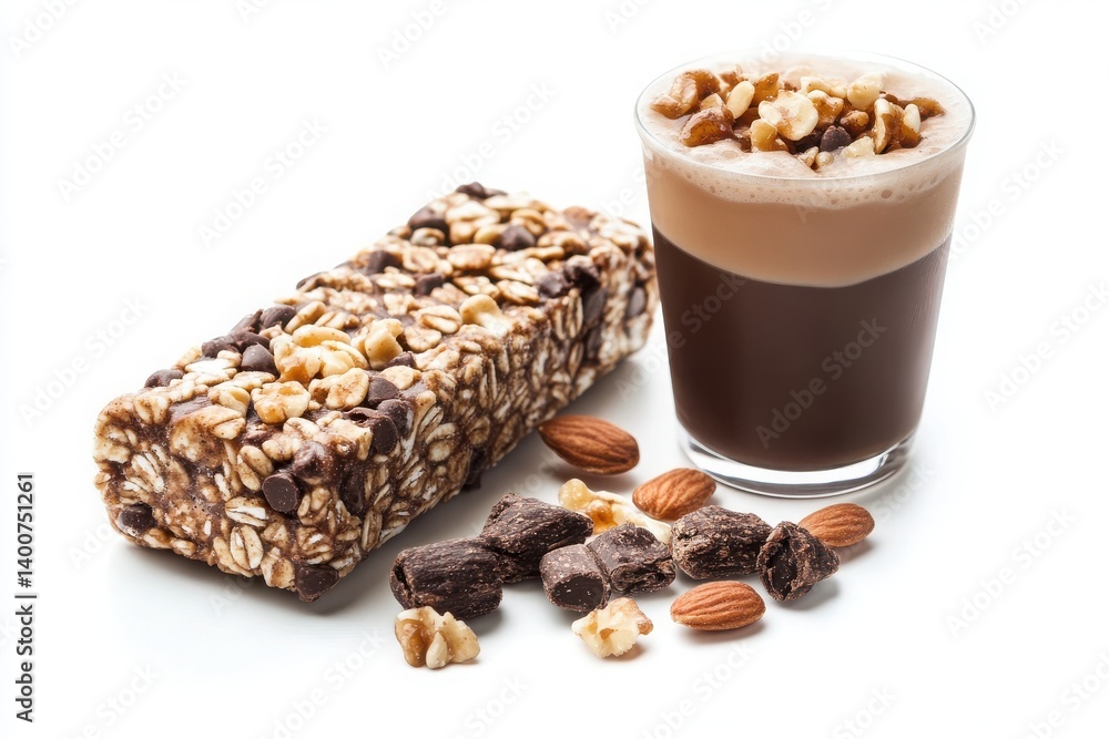 Fitness snack pack: protein bar and healthy drink, isolated white. Fitness snack pack: protein bar and healthy drink, isolated white.
