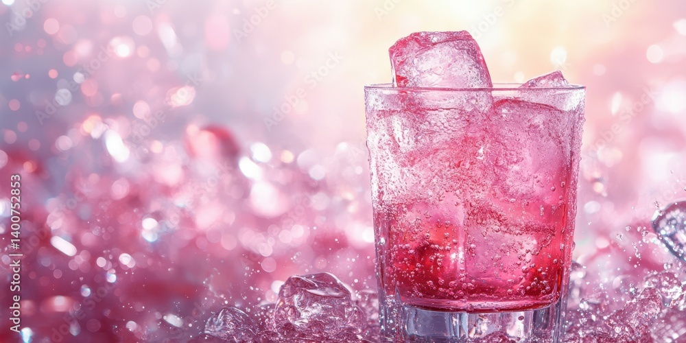 Refreshing pink drink served over ice in a vibrant splash setting with a soft glow in the background during a summer celebration Refreshing pink drink served over ice in a vibrant splash setting with a soft glow in the background during a summer celebration