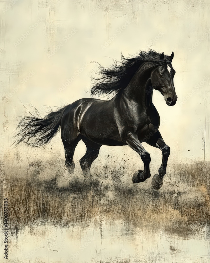 Fototapeta premium Majestic Black Horse Running Through Dusty Meadow Landscape