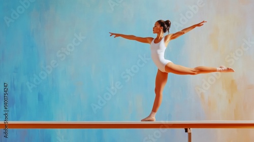 Graceful Gymnast on Balance Beam  White Leotard, Blue and Beige Textured Background