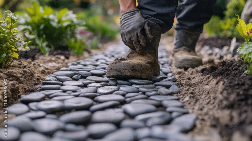 Fototapeta premium Landscaper installing a stone path in a garden. Featuring design and craftsmanship