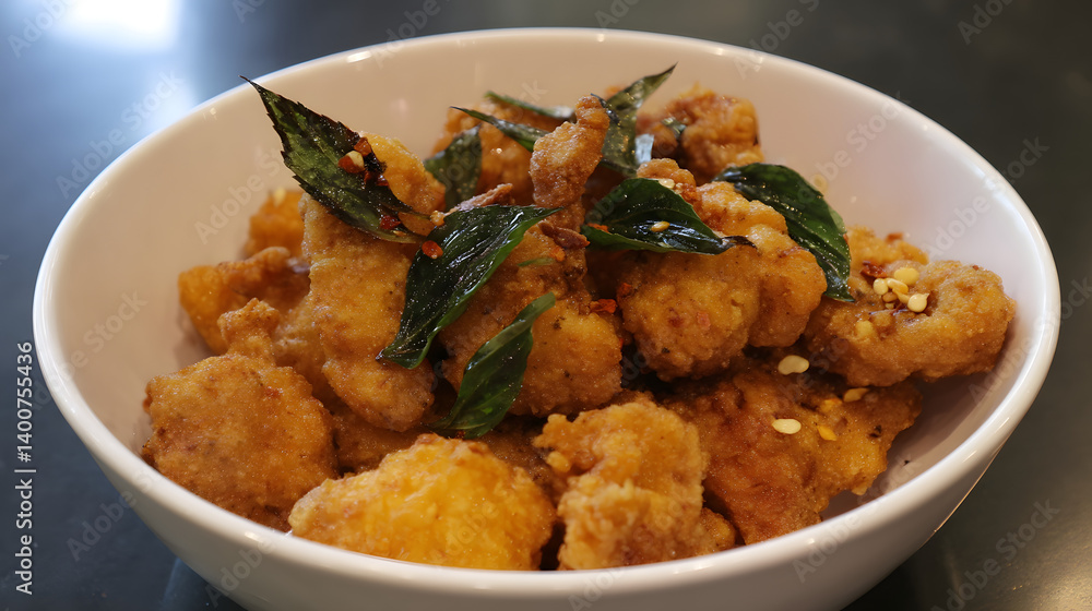 Bite-Sized Popcorn Chicken Thigh Pieces with Aromatic Herbs in a Dish for Appetizing Snack or Meal Option Bite-Sized Popcorn Chicken Thigh Pieces with Aromatic Herbs in a Dish for Appetizing Snack or Meal Option