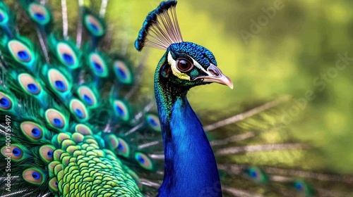 Iridescent Peacock with Detailed Feather Display in Lush Green Setting