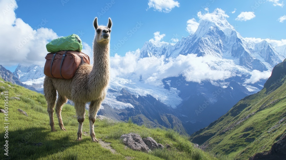 Obraz premium Llama Carrying Bags on a Mountain Slope