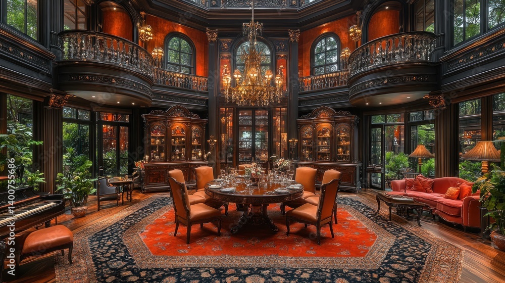 Fototapeta premium Opulent Mansion Interior: A Grand Dining Room with Exquisite Details