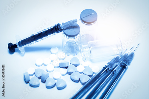 Wallpaper Mural Medical Supplies with Syringes and Pills on a Light Background Torontodigital.ca