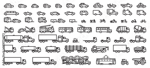 large collection set of simple vehicle black outline line linework silhouette side view icon symbol vector on transparent background
