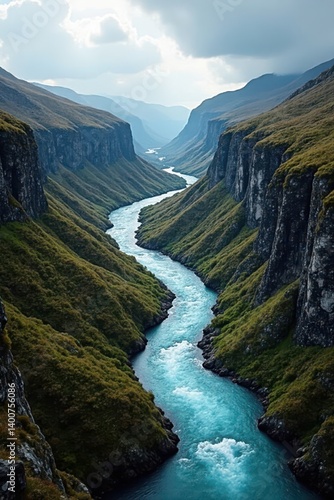 Abisko canyon's dramatic aerial view Moody, wild, Swedish landscape , rocky landscape, water, national park