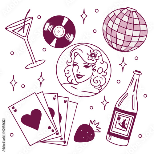 1980s Pink Pop Party Art – Chic Monochrome Retro Illustration
