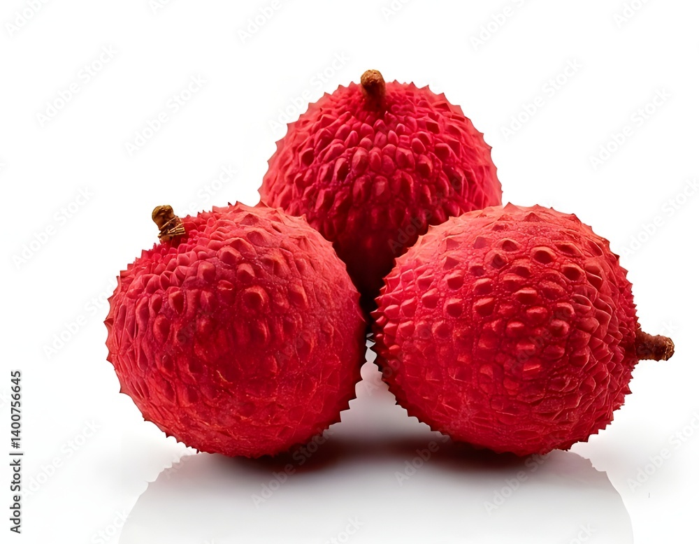 Close up of three fresh lychees with textured red peel, tropical fruit photography, exotic fruit image for food blogs, healthy eating concepts, summer fruit themes, market display use Close up of three fresh lychees with textured red peel, tropical fruit photography, exotic fruit image for food blogs, healthy eating concepts, summer fruit themes, market display use