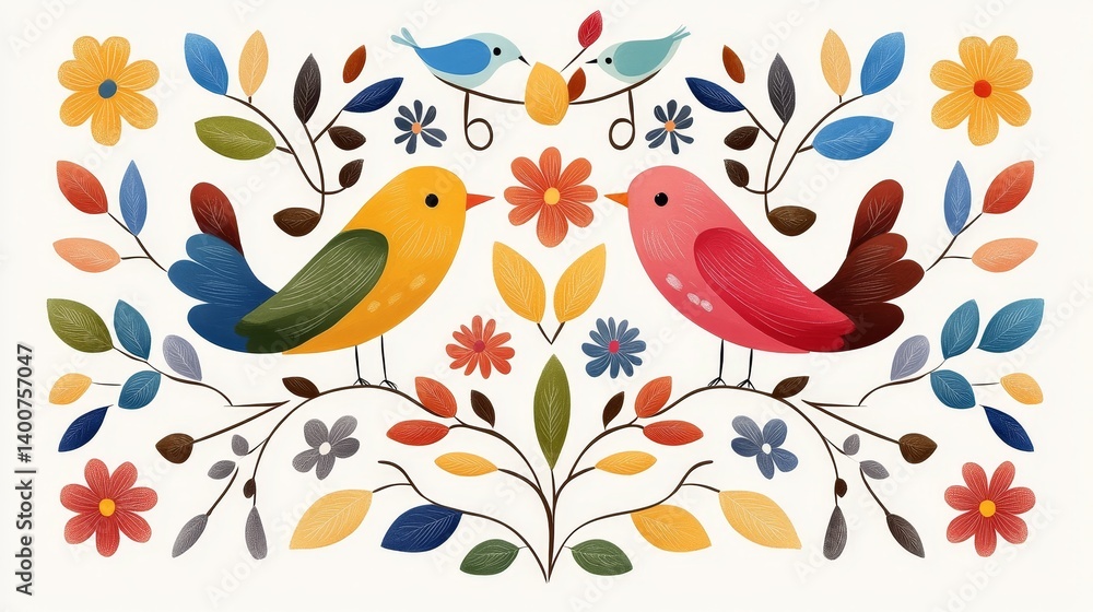Vibrant folk art painting of woven birds and flowers cultural textile design abstract cloth artistic display Vibrant folk art painting of woven birds and flowers cultural textile design abstract cloth artistic display