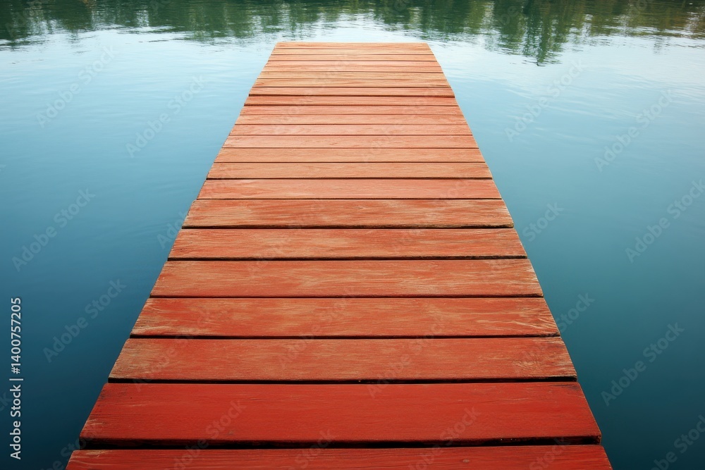 Obraz premium Red Wooden Dock Extending into Calm Water: A long, narrow red wooden dock stretches serenely across the surface of a calm, tranquil body of water, inviting exploration and reflection.