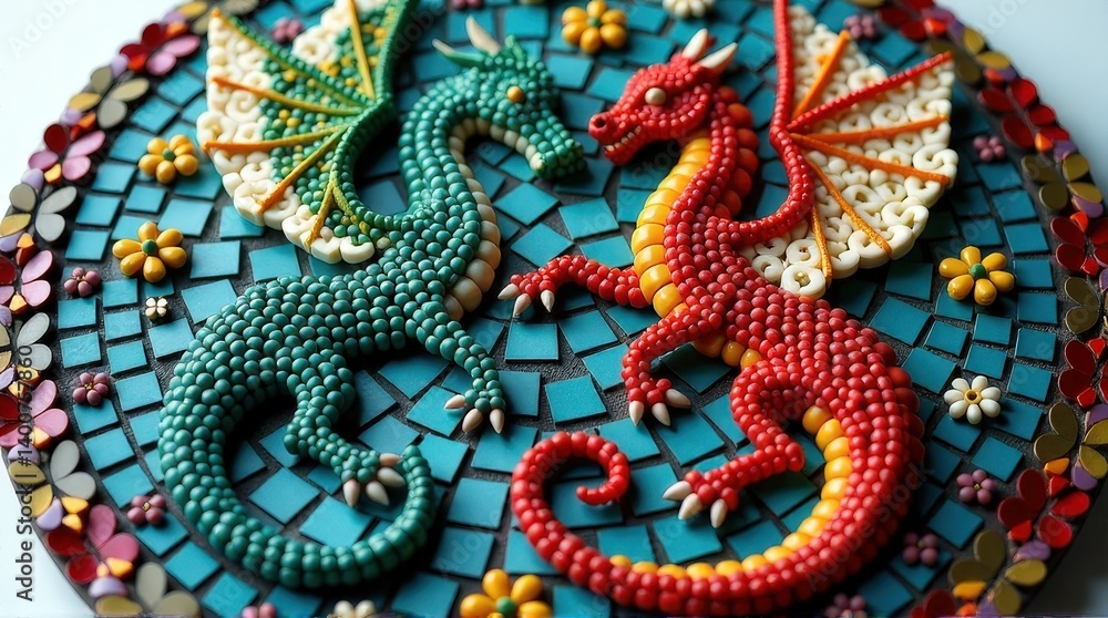 Fototapeta premium Colorful mosaic of red and green dragons with geometric patterns and flowers.