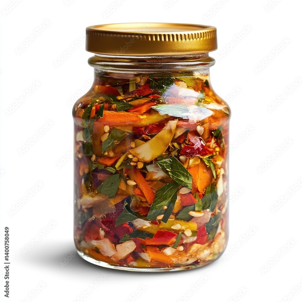 Glass jar of preserved vegetables and spices Glass jar of preserved vegetables and spices