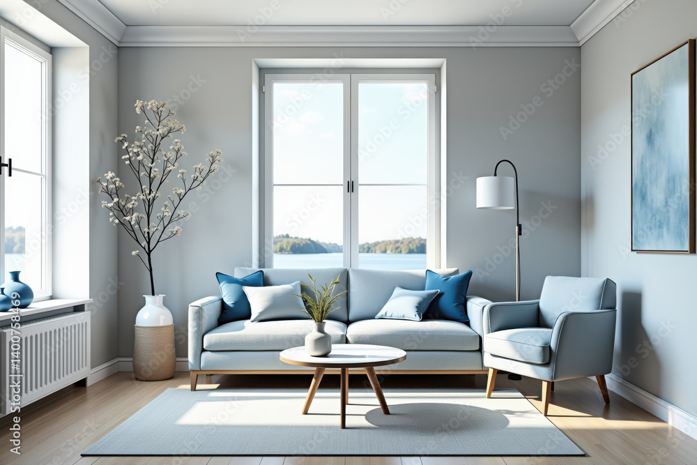 Fototapeta premium Sky Blue Sanctuary, A Scandinavian living room with sky blue accents and minimalist decor. The calming sky blue elements enhancing the room’s peaceful and airy atmosphere.