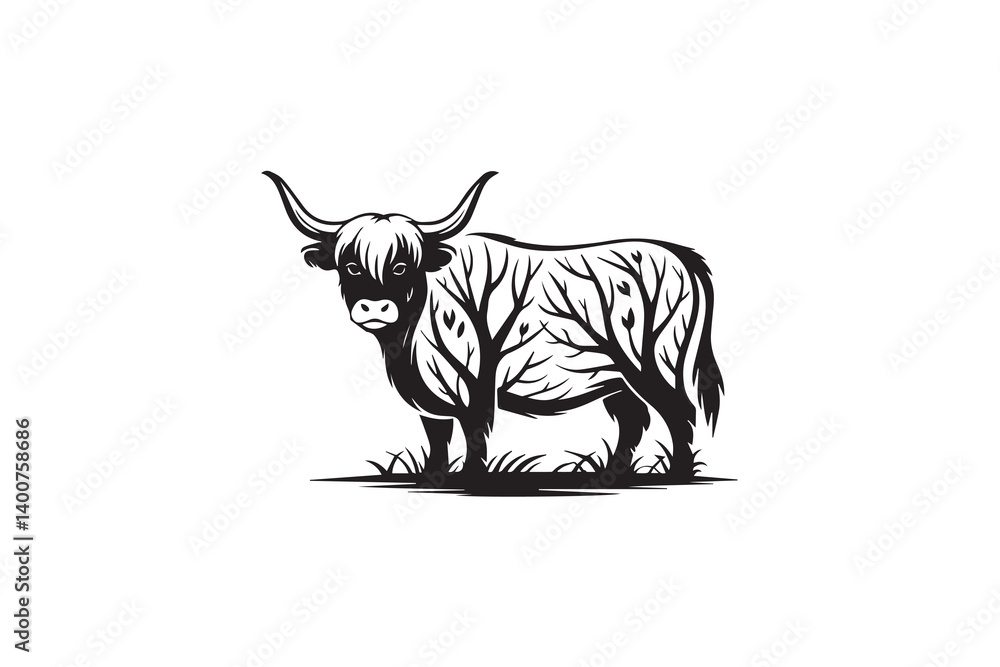 Obraz premium highland tree cow illustration vector