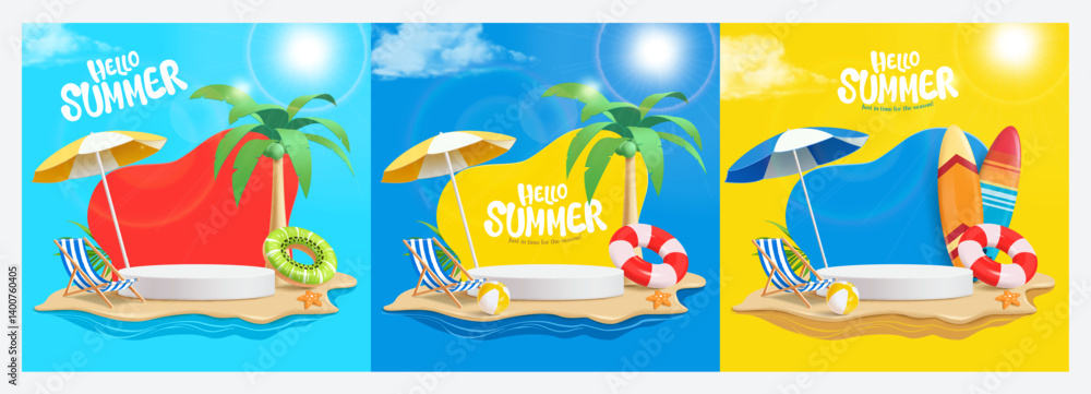 Summer Beach Scene with Podium, Umbrella, and Tropical Elements - 3 Variations for sale or product display Summer Beach Scene with Podium, Umbrella, and Tropical Elements - 3 Variations for sale or product display