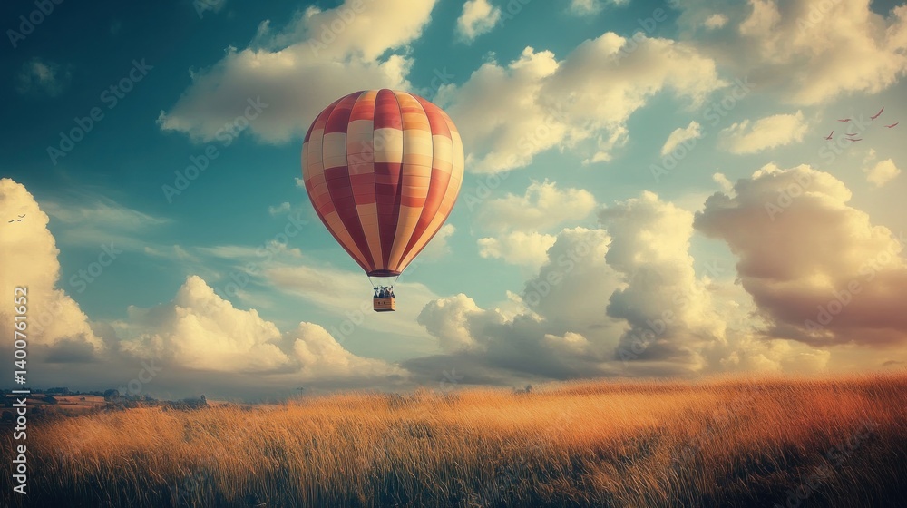 Naklejka premium Hot Air Balloon Soaring Over Golden Fields Under a Dreamy Sky