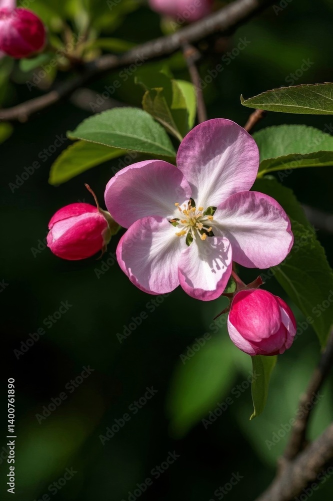Obraz premium there is a pink flower on a tree branch with green leaves