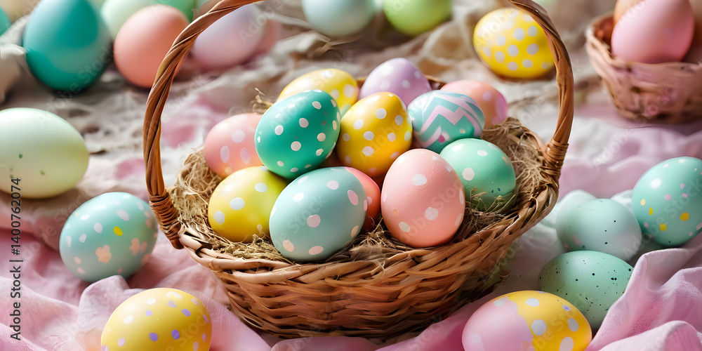 Fototapeta premium A Easter basket tipped over on a pastel background, with colorful decorative Easter eggs spilling out. 
