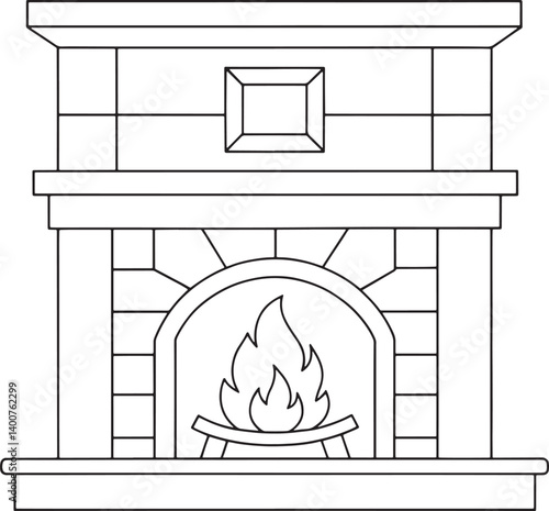 Line art illustration of a fireplace with a burning fire
