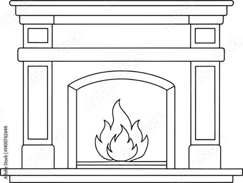 Line art illustration of a classic fireplace with flames