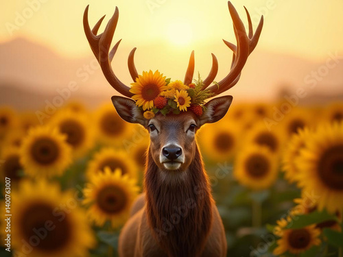 A mature stag with impressive antlers wearing a crown made of sunflower petals