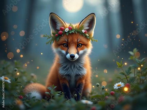 A curious fox kit wearing a crown made of fern fronds and wild strawberry