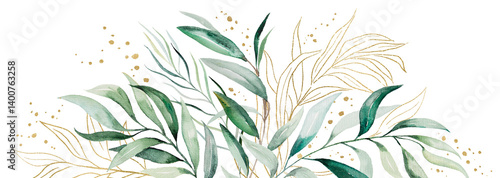 Border made with light green watercolor leaves, isolated wedding illustration, copy space