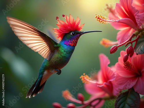 An iridescent hummingbird wearing a crown made of hibiscus petals