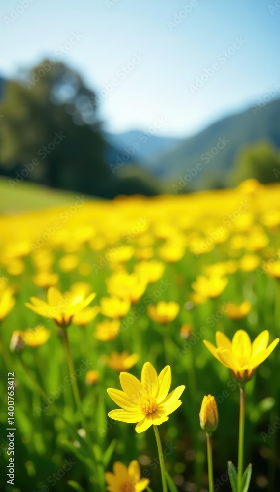 Fototapeta premium Sunny fields of bright yellow wildflowers blooming in a spring meadow, sunshine, garden, bloom
