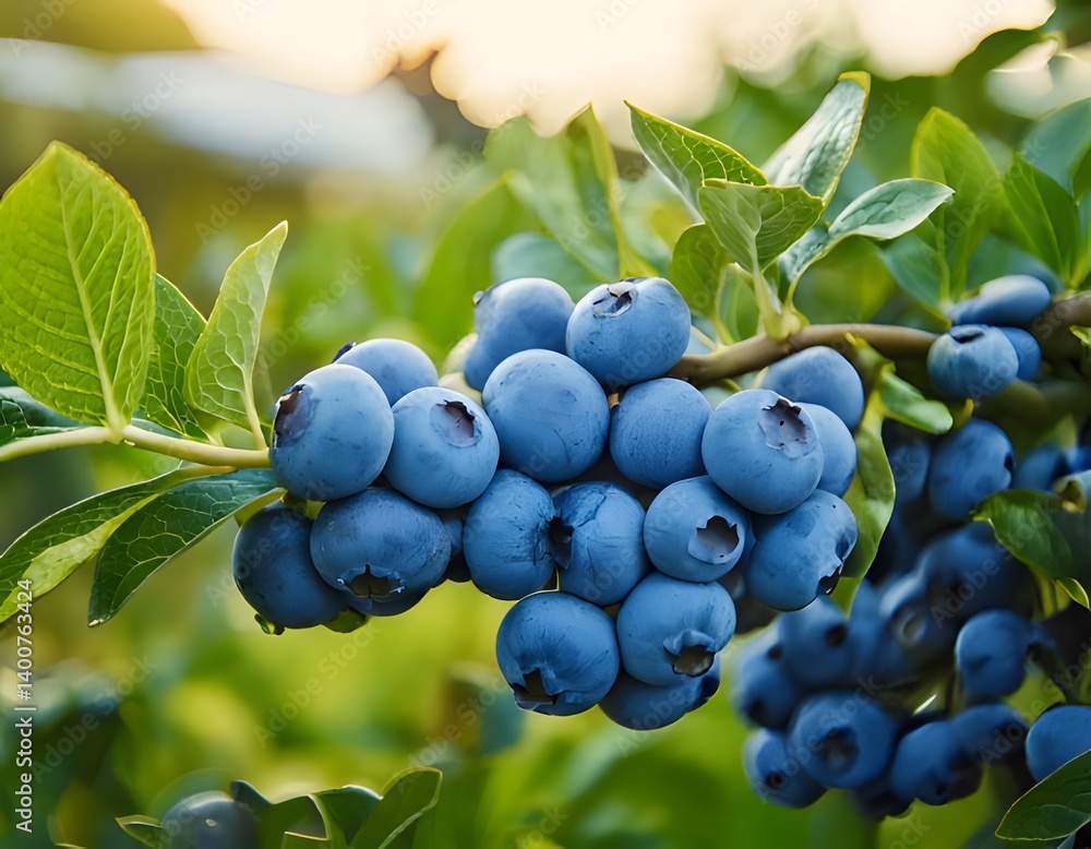 Fototapeta premium Close-up of organic blueberry branch on farm, ripe berries for agricultural blog, organic farming ad, healthy food promo, recipe website, nature magazine, eco packaging, nutrition content