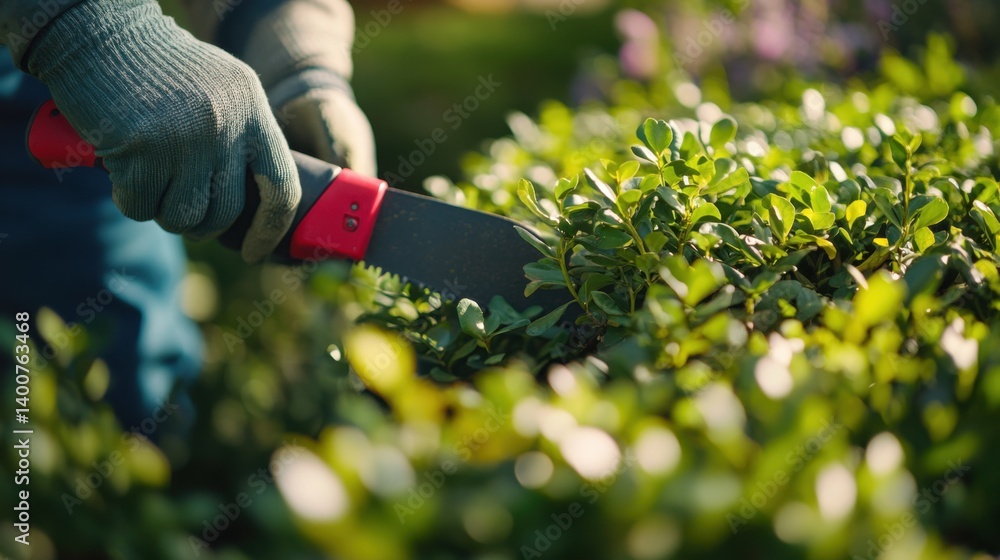 Obraz premium Landscaper trimming a hedge with electric shears. Featuring detail and efficiency