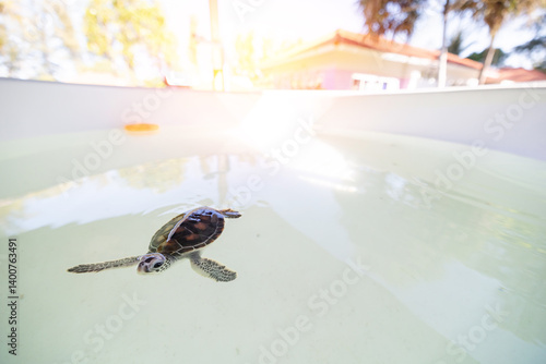 Sea turtle at nursery conservation center in outdoor pool with sunlight