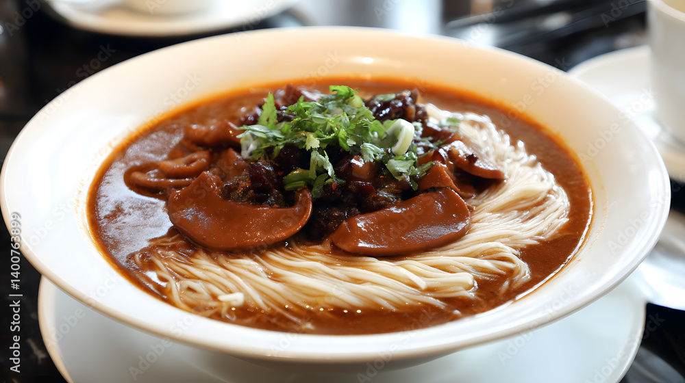 Delicious Braised Pork Intestine Noodles with Wheat Vermicelli and Fresh Herb Garnish in Bowl Delicious Braised Pork Intestine Noodles with Wheat Vermicelli and Fresh Herb Garnish in Bowl