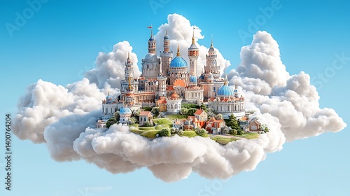 A beautiful fantasy city floats gently within puffy white clouds