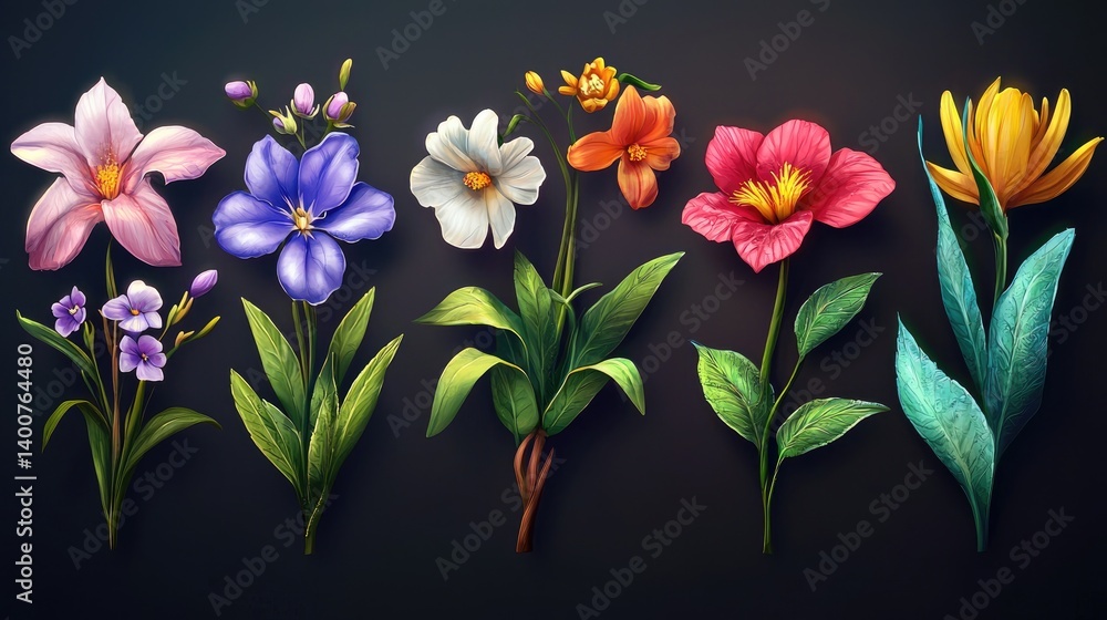 Obraz premium Vibrant Floral Collection: A Digital Painting of Six Exquisite Flowers