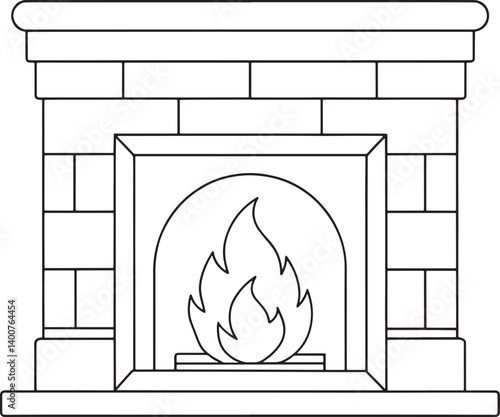 Line art illustration of a brick fireplace with a fire