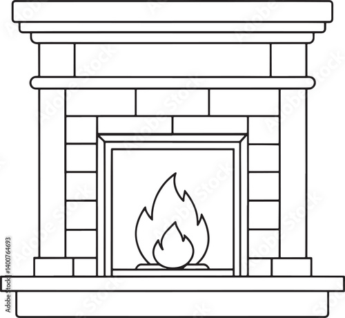 Simple Line Drawing of a Classic Brick Fireplace with Flames