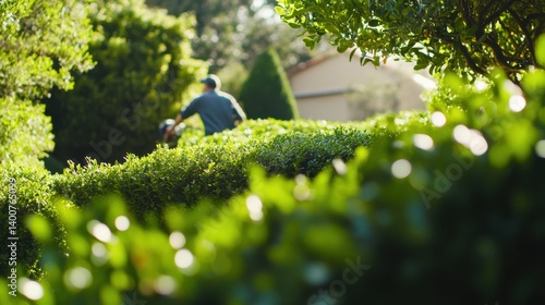 Landscaper trimming hedges in a garden. Featuring neatness and care