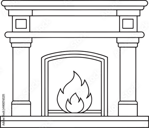 Classic Fireplace Line Art Illustration Home Decor Design Element