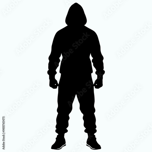 Vector standing man silhouette hooded sweatshirt clenched fists assertive posture