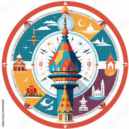 compass with each cardinal direction displaying a different cultural architectural symbol.