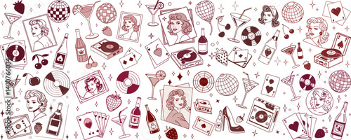 Retro Glam Party: Pink Monochrome 80s-Inspired Illustration with Feminine Vibes